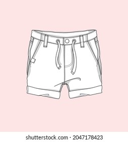 Denim shorts with draw cord flat sketch illustration 