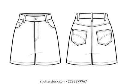 Denim Shorts fashion flat technical drawing template. High waist Denim Shorts technical fashion Illustration, high rise, pockets, Rivets. Flat front view, white color style. Women, men unisex CAD mock