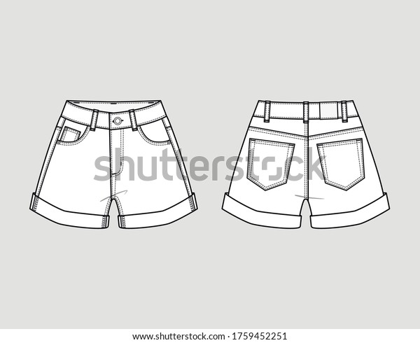 Denim shorts. High waist, boyfriend fit, rolled\
up. Vector technical\
sketch