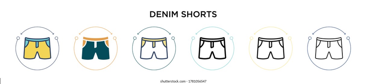 Denim shorts icon in filled, thin line, outline and stroke style. Vector illustration of two colored and black denim shorts vector icons designs can be used for mobile, ui, web