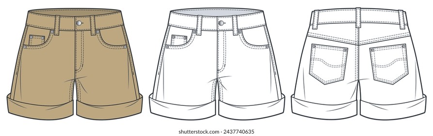 Denim Shorts technical fashion illustration. Cuffed Short Pants fashion flat technical drawing template, front and back view, white, camel brown, women, men, unisex CAD mockup set.