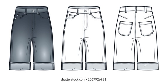 Denim Shorts technical fashion illustration. Short Pants fashion flat technical drawing template, pockets, front and back view, white, dark grey, women, men, unisex CAD mockup set.