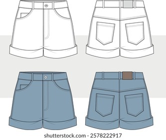 Denim Shorts technical fashion illustration. Cuffed Short Pants fashion flat technical drawing template, front and back view, unisex CAD mockup set.