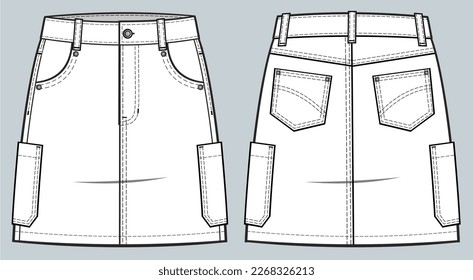 denim skirt design fashion technical drawing template with welt and classic pockets, Front zip fly, and top button fastening. denim skirt vector illustration. front and back view. CAD mockup 