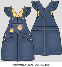 DENIM SKIRT DUNGAREE WITH FRILLS AND BADGES FOR KID GIRLS AND TEEN GIRLS IN EDITABLE VECTOR FILE