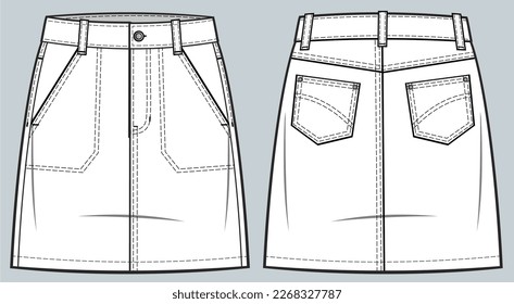 denim skirt fashion technical drawing template with pockets, Front zip fly, and top button fastening. denim skirt vector illustration. front and back view. CAD mockup 