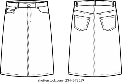 Denim skirt flat sketch. Jeanswear apparel design. Front and back. Women CAD mockup. Fashion technical drawing template. Vector illustration.