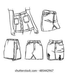 Denim skirt outline on a white background. Hand drawn Jean skirt outline vector illustration.