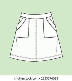 Denim skirt with pocket flat sketch illustration women, girl, kids