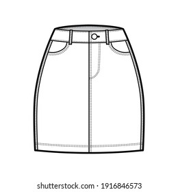 Denim skirt technical fashion illustration with mini length, normal waist, high rise, curved and angled pockets. Flat bottom template front, white color style. Women, men, unisex CAD mockup