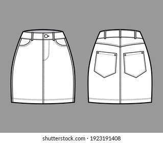 Denim skirt technical fashion illustration with mini length, normal waist, high rise, curved and angled pockets. Flat bottom template front, back, white color style. Women, men, unisex CAD mockup