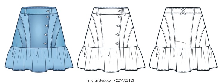 Denim Skirt technische Modegrafik, blaues Design. Jeans Skirt modische flache technische Zeichnungsvorlage, geraubt, Mini-Längen, Tasten-Up, Front- und Rückansicht, weiß, CAD Mock-Up Set.    