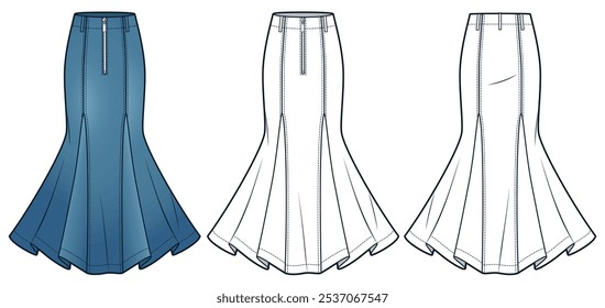 Denim Skirt technical fashion illustration. Godet Skirt fashion flat technical drawing template, maxi, flared, zipper, front and back view, white, blue, women CAD mockup set.