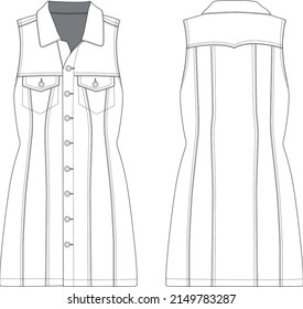 denim sleeveless mini dress vector cad technical drawing