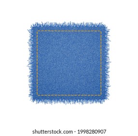 Denim square shape with stitches. Torn jean patch with seam. Vector realistic illustration on white background.