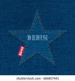Denim Star Logo Lettering Creative Concept with Blue Cotton Jeans Star and Red Tab in Front of Similar Realistic Vector Texture - Light Elements on Dark Background - Flat Graphic Design
