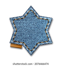 Denim star shape with stitches. Jeans patch with seam. Vector realistic illustration on white background.