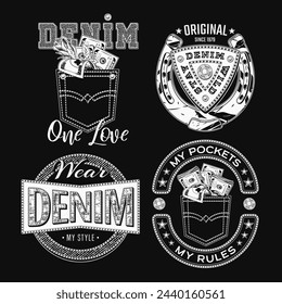 Denim style labels with text, jeans back pocket, money, horseshoe. Detailed monochrome composition in vintage style on black background. For clothing, t shirt, surface design.
