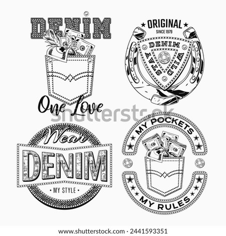 Denim style labels with text, jeans back pocket, money, horseshoe. Detailed monochrome composition in vintage style on white background. For clothing, t shirt, surface design.