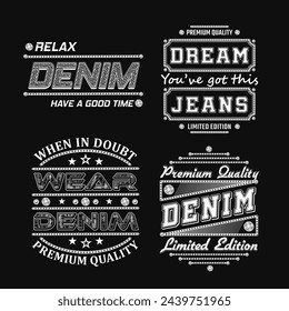 Denim style text labels with typography, textured letters, jeans buttons, stitches. Detailed composition in vintage style on black background. For clothing, t shirt, surface design.
