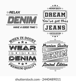 Etiquetas de texto de estilo vaquero con tipografía, letras texturizadas, botones vaqueros, puntos. Composición detallada en estilo vintage sobre fondo blanco. Para ropa, camiseta, diseño de superficie.