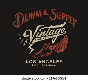 Denim and Supply, Vintage ride to live , loss angels, California,  vector vintage denim label design, for t-shirt graphics and other uses.