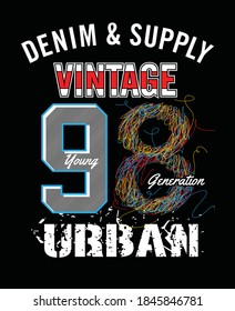 Denim & Supply vintage.Colorful typography in scribble and chaotic sketch.Clothing,t-shirt,apparel and other uses.Vector illustration,Eps10.