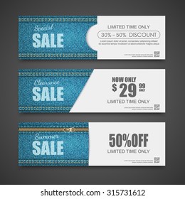 Denim texture, Jeans banner, Sale signs. vector