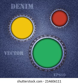 Denim texture with multicolored round holes. Vector illustration.