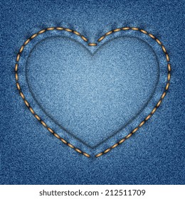 Denim texture with stitches in the shape of heart. Vector illustration