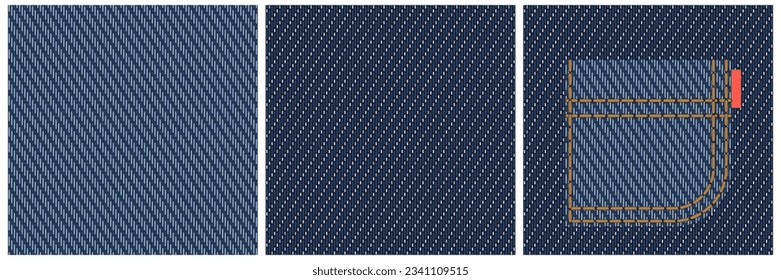 Denim texture vector background,  jeans pocket, stitches and label for fashion illustration, clothes design. Front and back side of the jean fabric. Classic indigo blue textile swatch. Stitch brush.