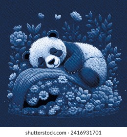 Denim texturizado tapiz pequeño panda durmiente patrón sin costura. Bordado lindo panda tropical de fondo floral ilustración. Surface grunge bordado estiramiento texturizado jeans diseño con flores. 