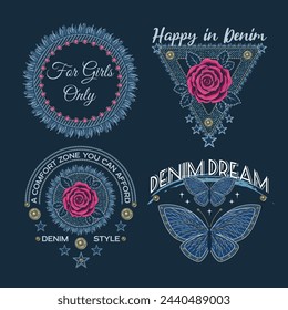 Denim theme labels with rose flower, butterfly, text, jeans fabric patches with fringe. Detailed composition in vintage style on dark background. For clothing, t shirt, surface design.