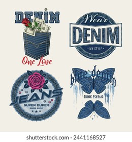 Denim-Motto-Etiketten mit Rosenblume, Schmetterling, Geld, Text, Jeans Stoff Textur. Detaillierte Komposition im Vintage-Stil auf weißem Hintergrund. Für Kleidung, T-Shirt, Oberflächendesign.