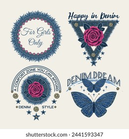 Denim theme labels with rose flower, butterfly, text, jeans fabric patches with fringe. Detailed composition in vintage style on white background. For clothing, t shirt, surface design.