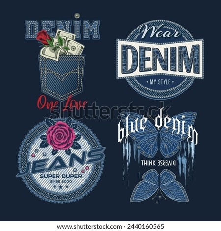 Denim theme labels with rose flower, butterfly, money, text, jeans fabric texture. Detailed composition in vintage style on dark background. For clothing, t shirt, surface design.