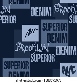 Denim typography, Brooklyn New York Artwork apparel pattern. Fashion Jeans Graphics. Seamless fabric pattern for original sportswear.