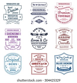 Denim typography emblems premium quality work wear labels set isolated vector illustration