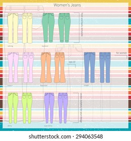 Denim vector set - colorful illustration of basic types of women`s jeans on bright background.