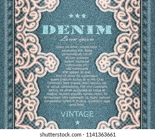 Denim vertical background with sewn floral lace fabric. Jeans seamless pattern. Blue texture cloth. Vector illustration.