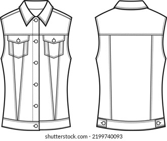 Denim vest flat sketch. Jean waistcoat apparel design. Front and back. Women CAD mockup. Fashion technical drawing template. Vector illustration.