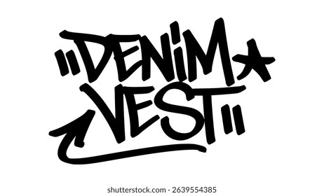 denim vest, graffiti, street art, tag, urban style, hand-drawn, graffiti lettering, fashion item, outerwear, bold lettering, stylish design, rugged style, urban fashion, streetwear, expressive tag, we
