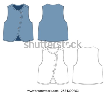 Denim Vest Illustration vector, flat sketch, flat design, Template, technical drawing