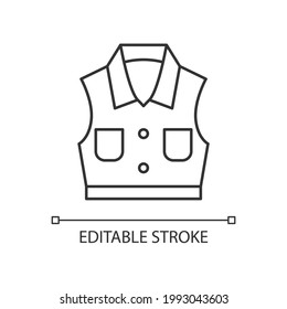 Denim vest linear icon. Jacket with pockets. Unisex shirt. Sleeveless top. Fashionable outfit. Thin line customizable illustration. Contour symbol. Vector isolated outline drawing. Editable stroke