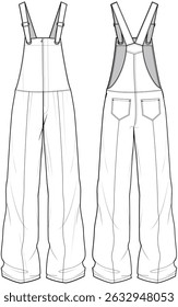 Denim Wide Leg Dungarees Jumpsuit Front and Back View. Fashion Flat Sketch Vector Illustration, CAD, Technical Drawing, Flat Drawing, Template, Mockup.