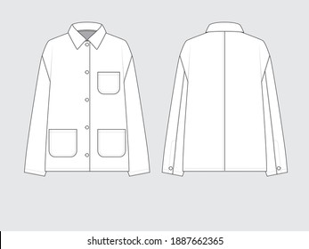 denim work jacket and patch pocket accents, front and back, drawing flat sketches with vector illustration by sweettears