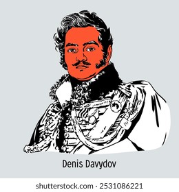 Denis Davydov is a Russian poet, the most prominent representative of "hussar poetry", a memoirist, lieutenant general. Hand-drawn vector illustration