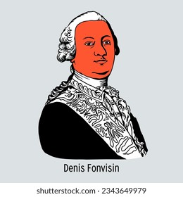 Denis Fonvizin - Russian writer of the Catherine the Great era, linguist, creator of Russian domestic comedy; State Counselor. Hand-drawn vector illustration