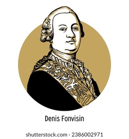 Denis Fonvizin - Russian writer of the Catherine the Great era, linguist, creator of Russian domestic comedy; State Counselor. Hand drawn vector illustration.