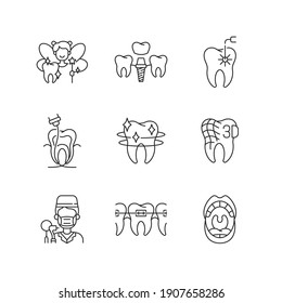 Denistry Linear Icons Set. Instruments For Dental Treatment. Dental Implants. Pediatric Dentistry. Customizable Thin Line Contour Symbols. Isolated Vector Outline Illustrations. Editable Stroke